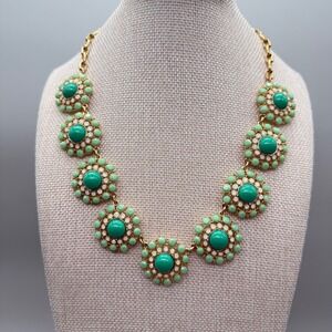 J. CREW Necklace Aqua Mint Green Crystal Cabs Gold Tone Medallions Statement Bib